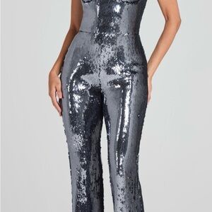 Nadine Merabi - Sequin High-Waist Wide-Leg Jumpsuit in Gunmetal
